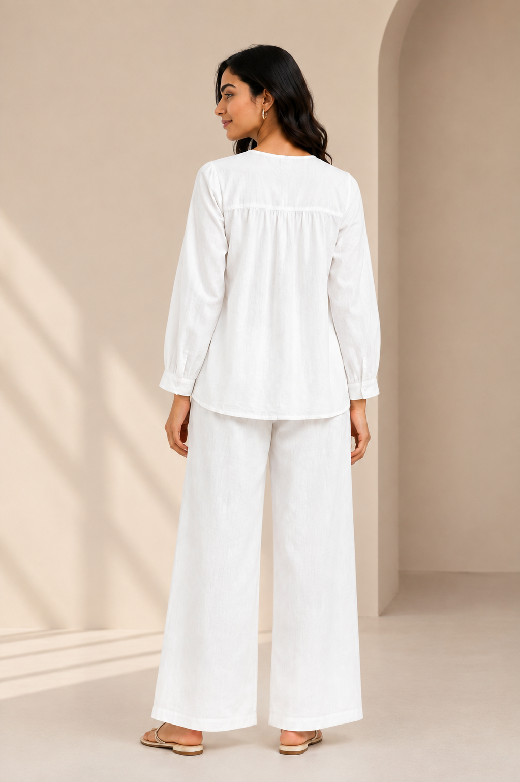 Women's White Embroidered Co-Ord Set | Embroidered Top with Wide-Leg Pants