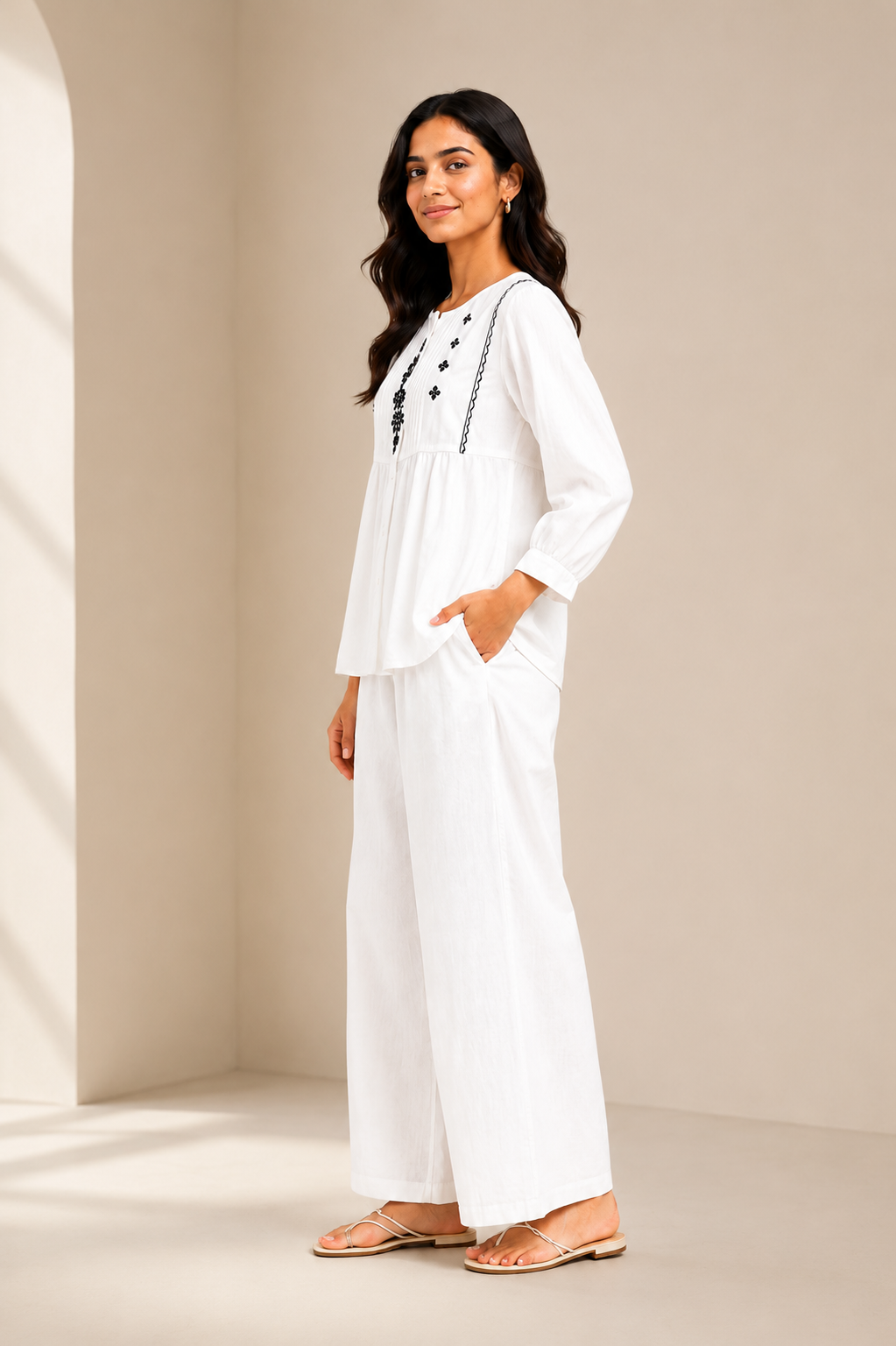 Women's White Embroidered Co-Ord Set | Embroidered Top with Wide-Leg Pants