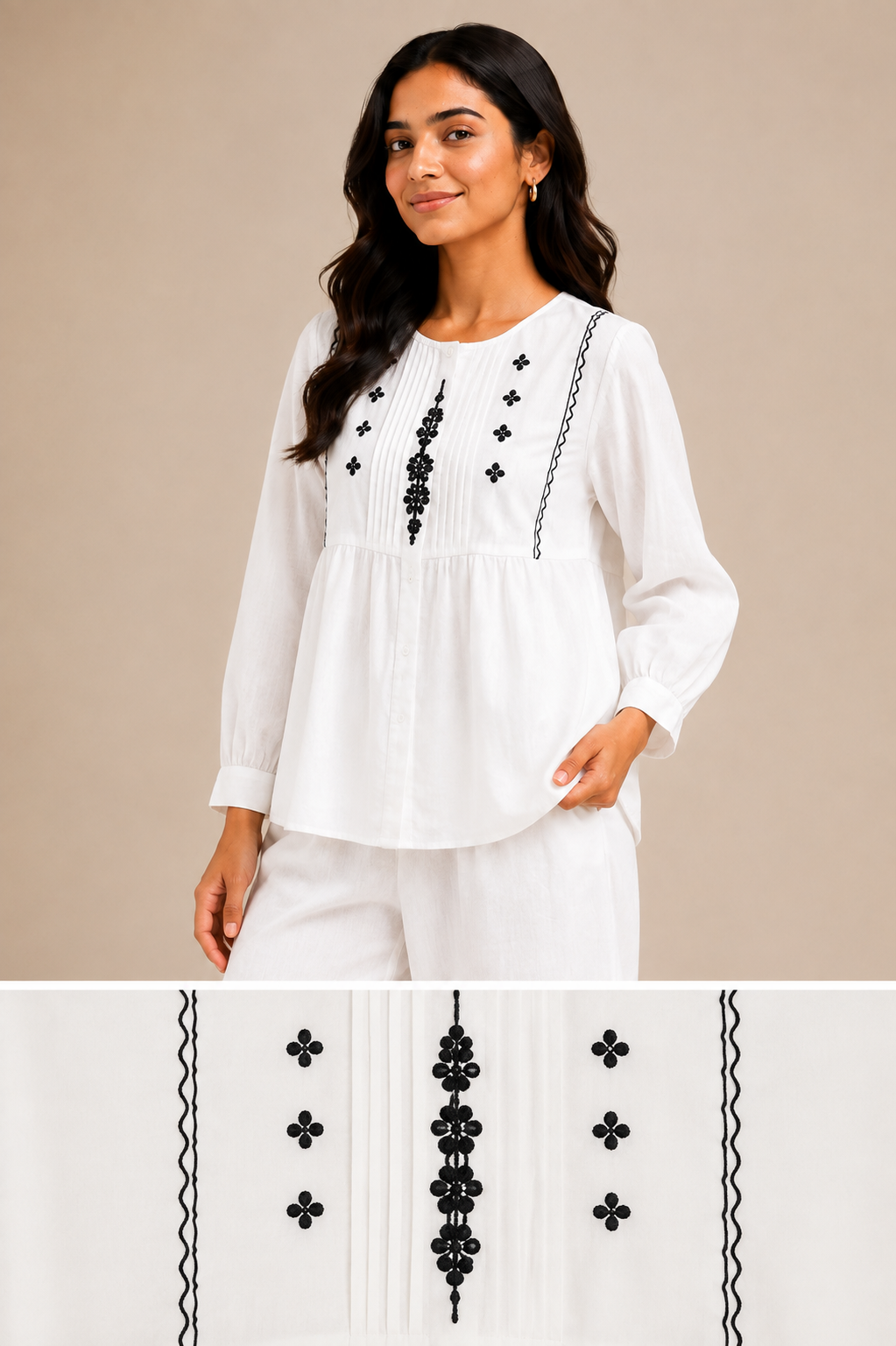 Women's White Embroidered Co-Ord Set | Embroidered Top with Wide-Leg Pants