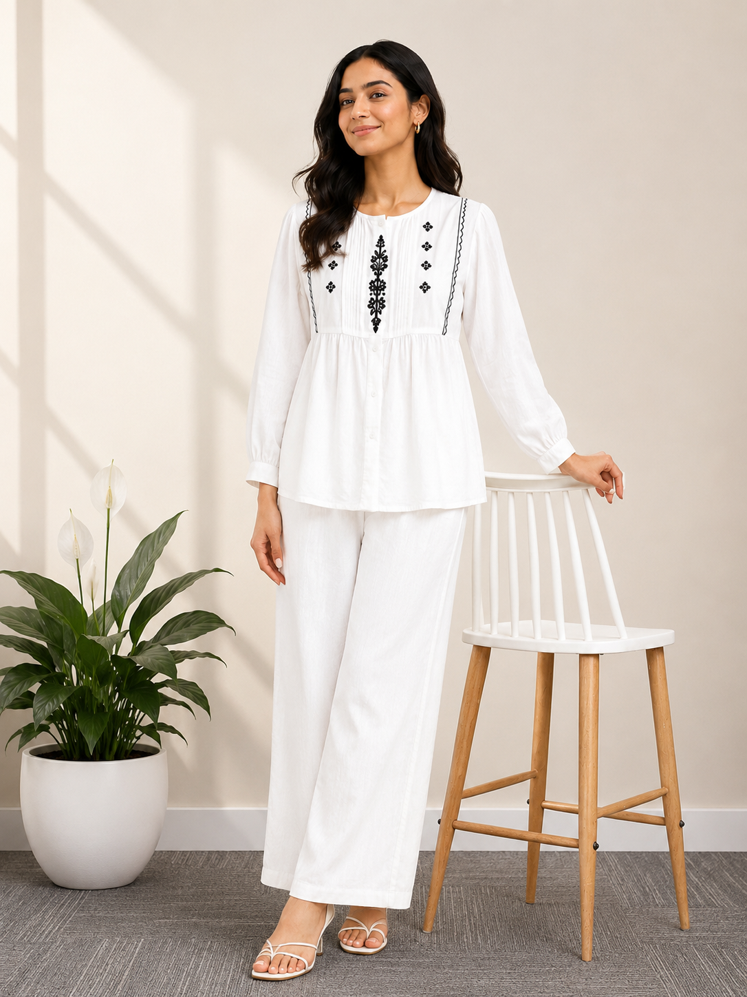 Women's White Embroidered Co-Ord Set | Embroidered Top with Wide-Leg Pants
