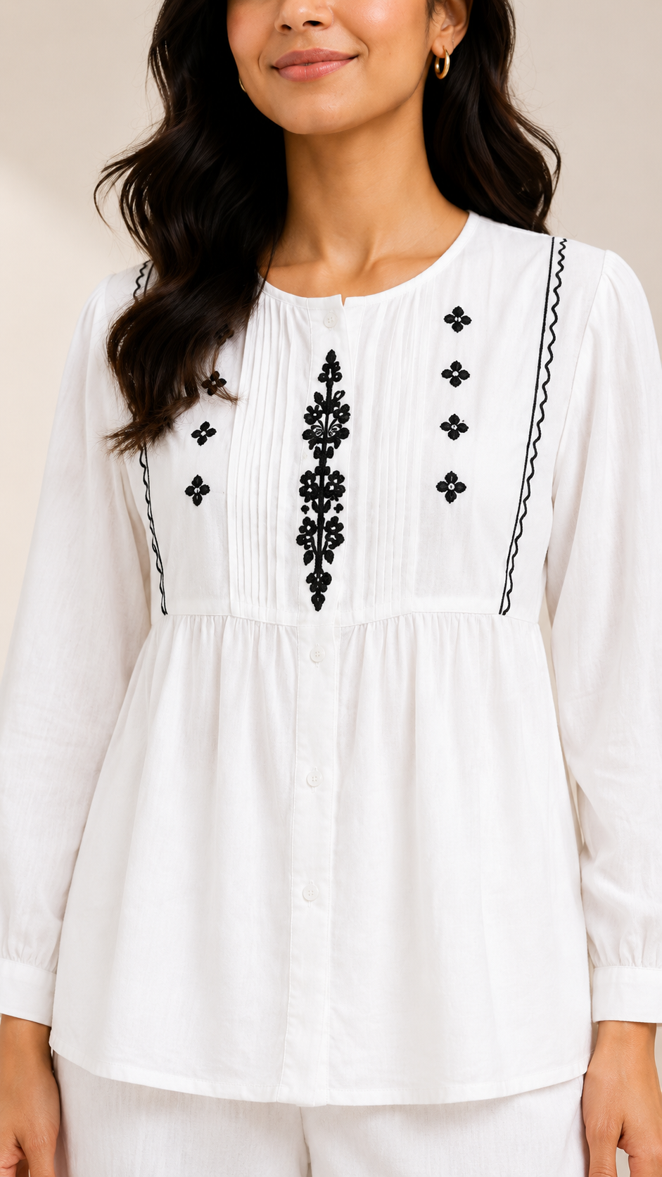 Women's White Embroidered Co-Ord Set | Embroidered Top with Wide-Leg Pants