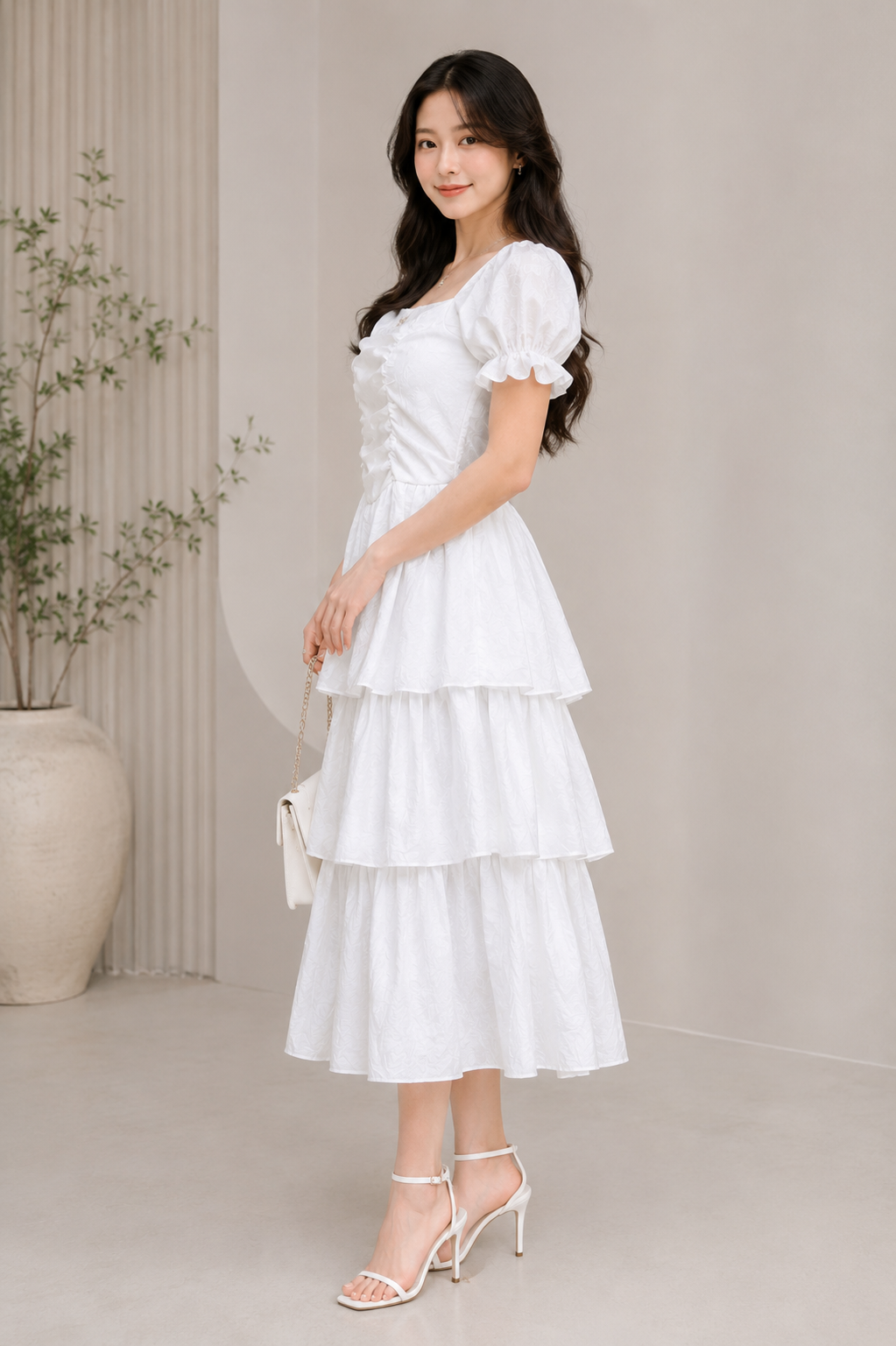 Women’s White Ruched Midi Dress | Square Neck Puff Sleeve Tiered Flared Dress for Women & Girls