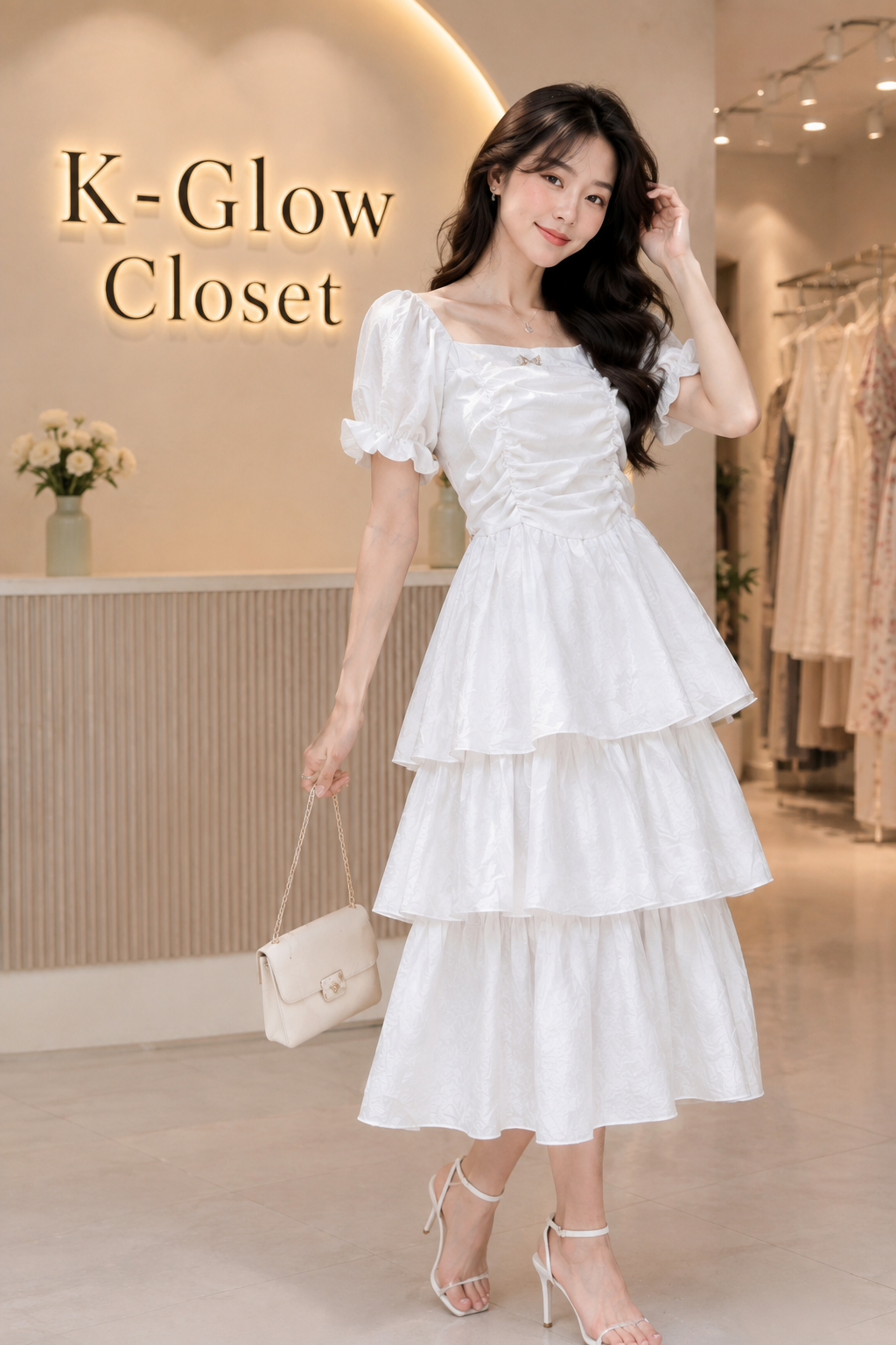 Women’s White Ruched Midi Dress | Square Neck Puff Sleeve Tiered Flared Dress for Women & Girls