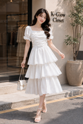 Women’s White Ruched Midi Dress | Square Neck Puff Sleeve Tiered Flared Dress for Women & Girls
