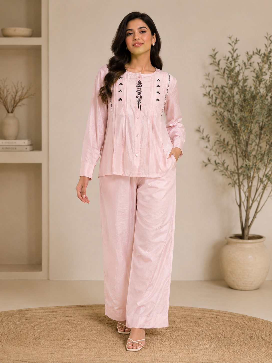 Women's White Embroidered Co-Ord Set | Embroidered Top with Wide-Leg Pants