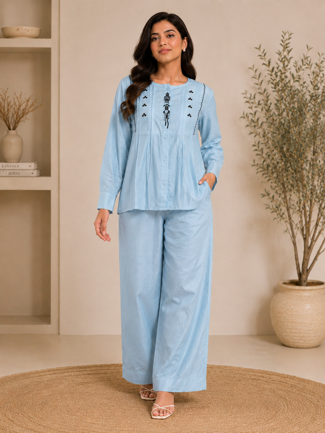 Women's White Embroidered Co-Ord Set | Embroidered Top with Wide-Leg Pants