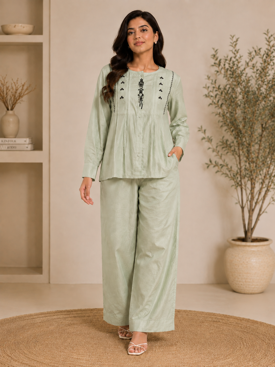 Women's White Embroidered Co-Ord Set | Embroidered Top with Wide-Leg Pants