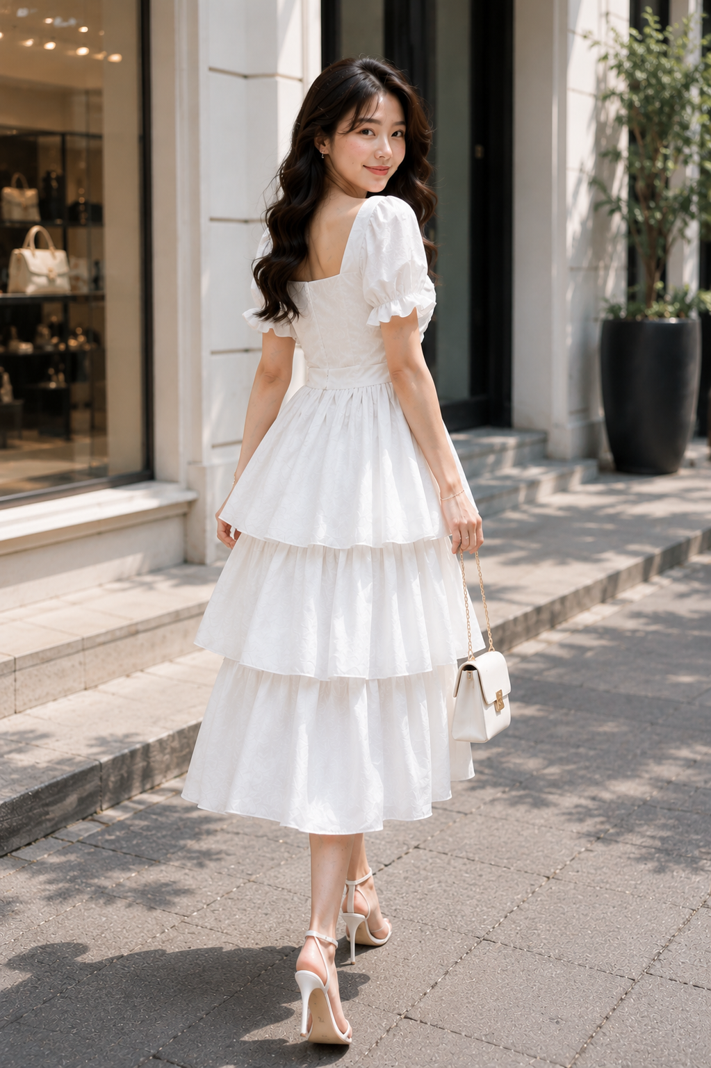 Women’s White Ruched Midi Dress | Square Neck Puff Sleeve Tiered Flared Dress for Women & Girls