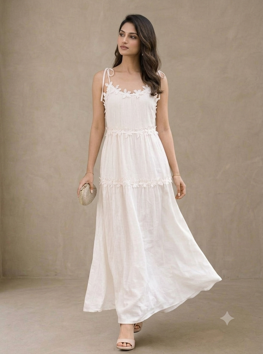 Floral Lace Applique Tiered Maxi Dress