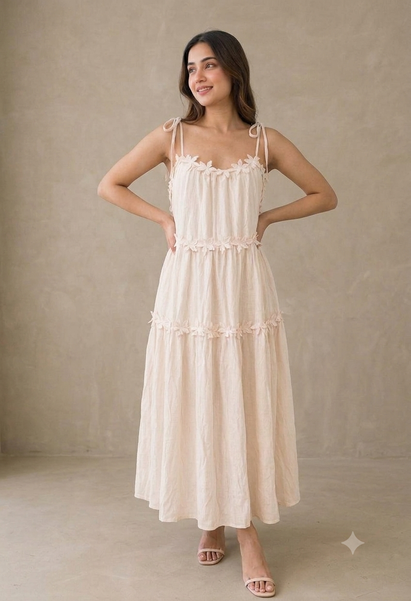 Floral Lace Applique Tiered Maxi Dress