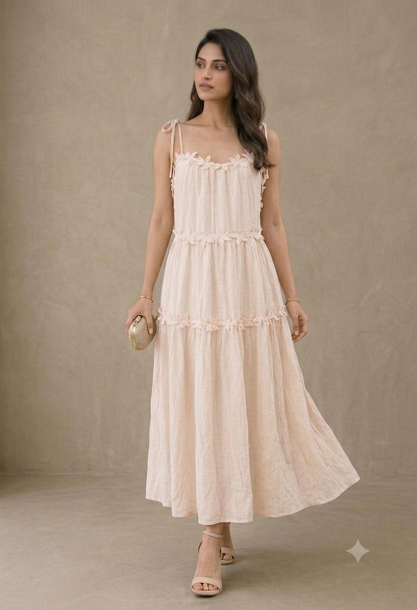 Floral Lace Applique Tiered Maxi Dress