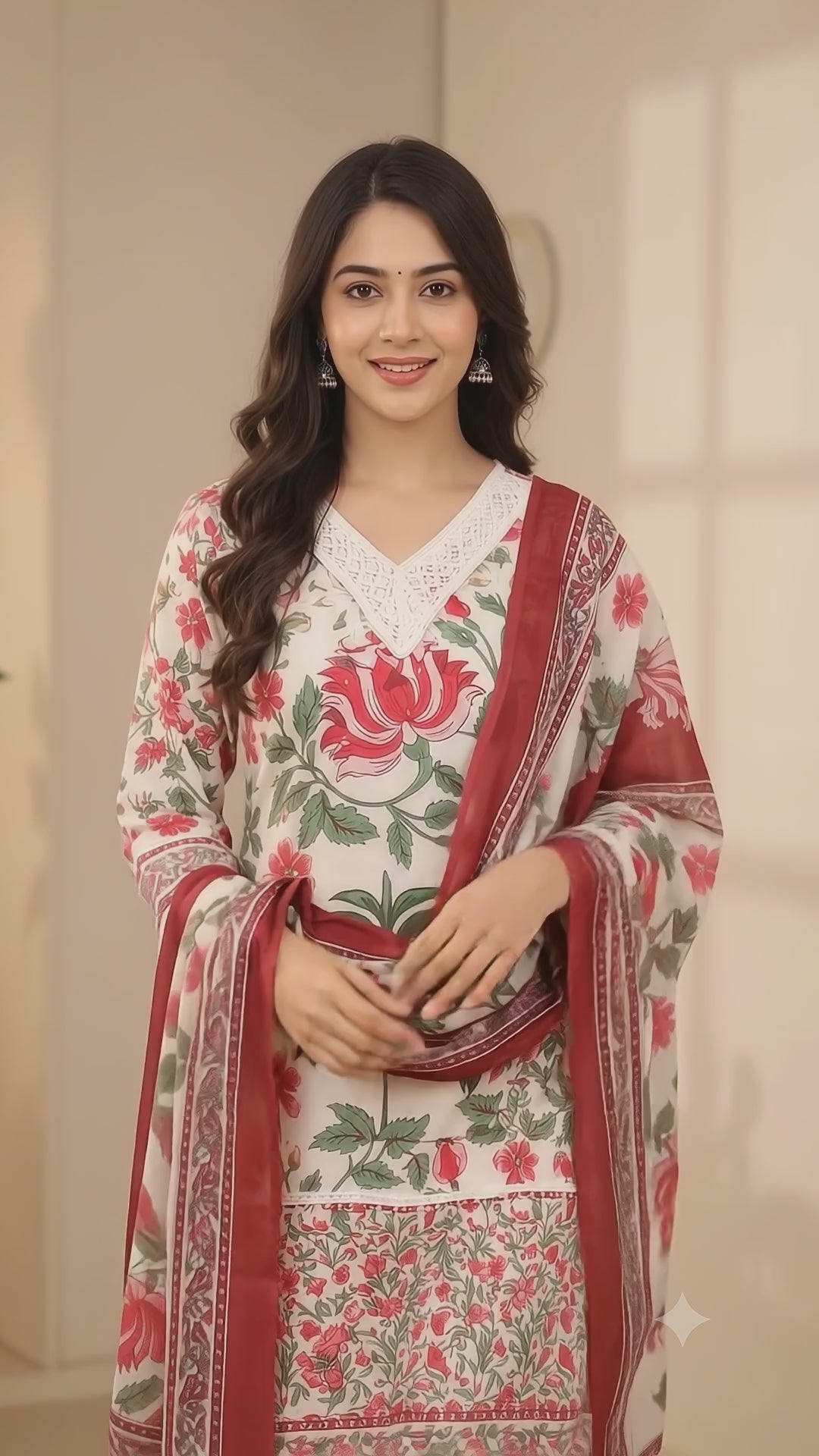 Elegant Floral Printed Kurti Set with Matching Pants and Dupatta
