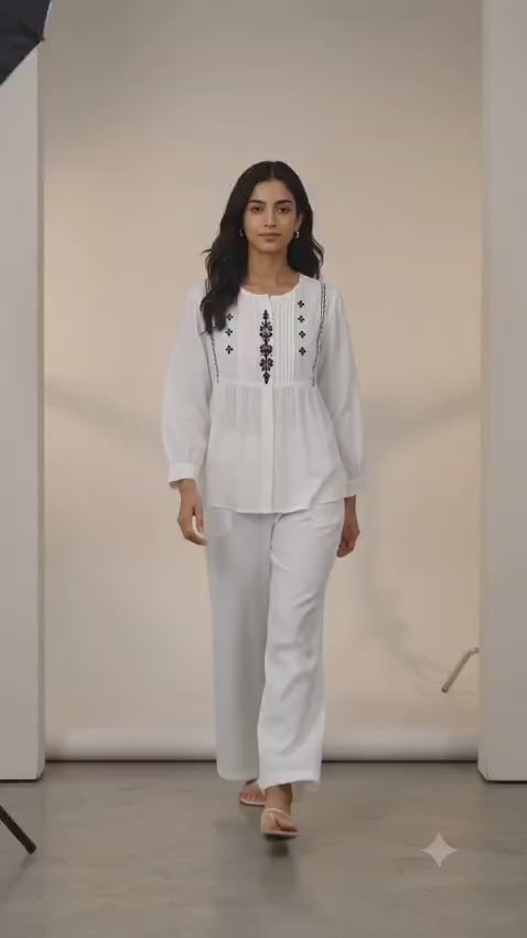 Women's White Embroidered Co-Ord Set | Embroidered Top with Wide-Leg Pants