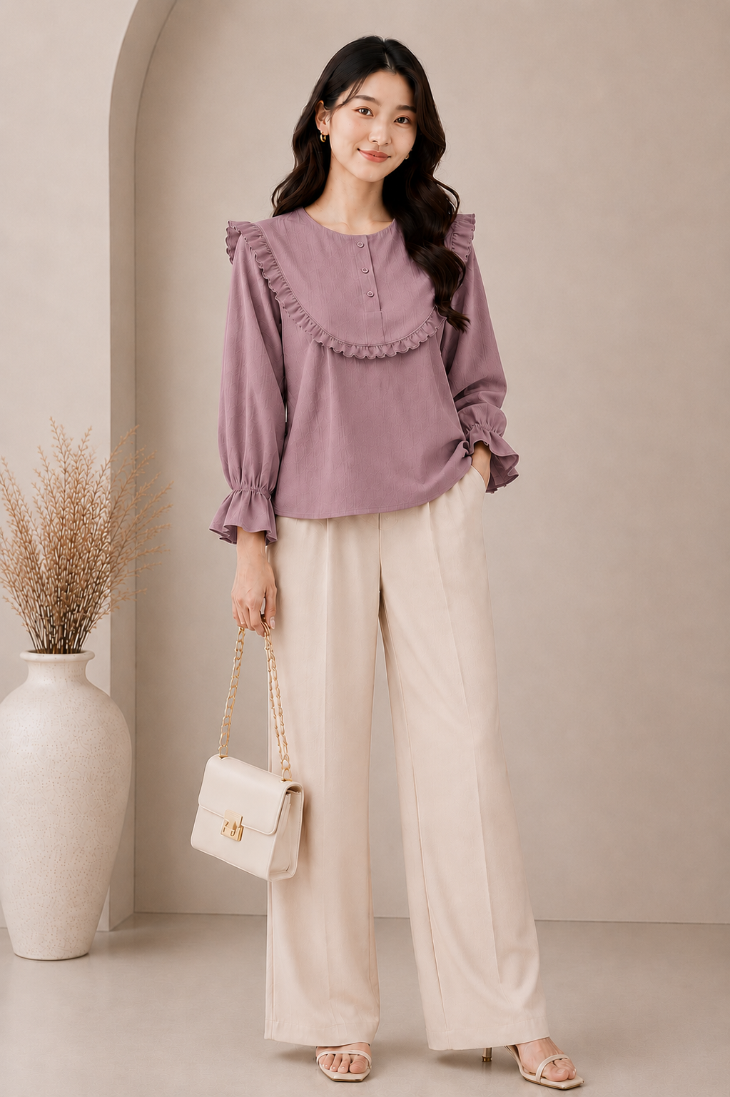 Women’s White Ruffle Lace Yoke Long Sleeve Blouse Top