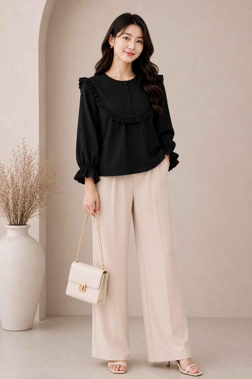 Women’s White Ruffle Lace Yoke Long Sleeve Blouse Top