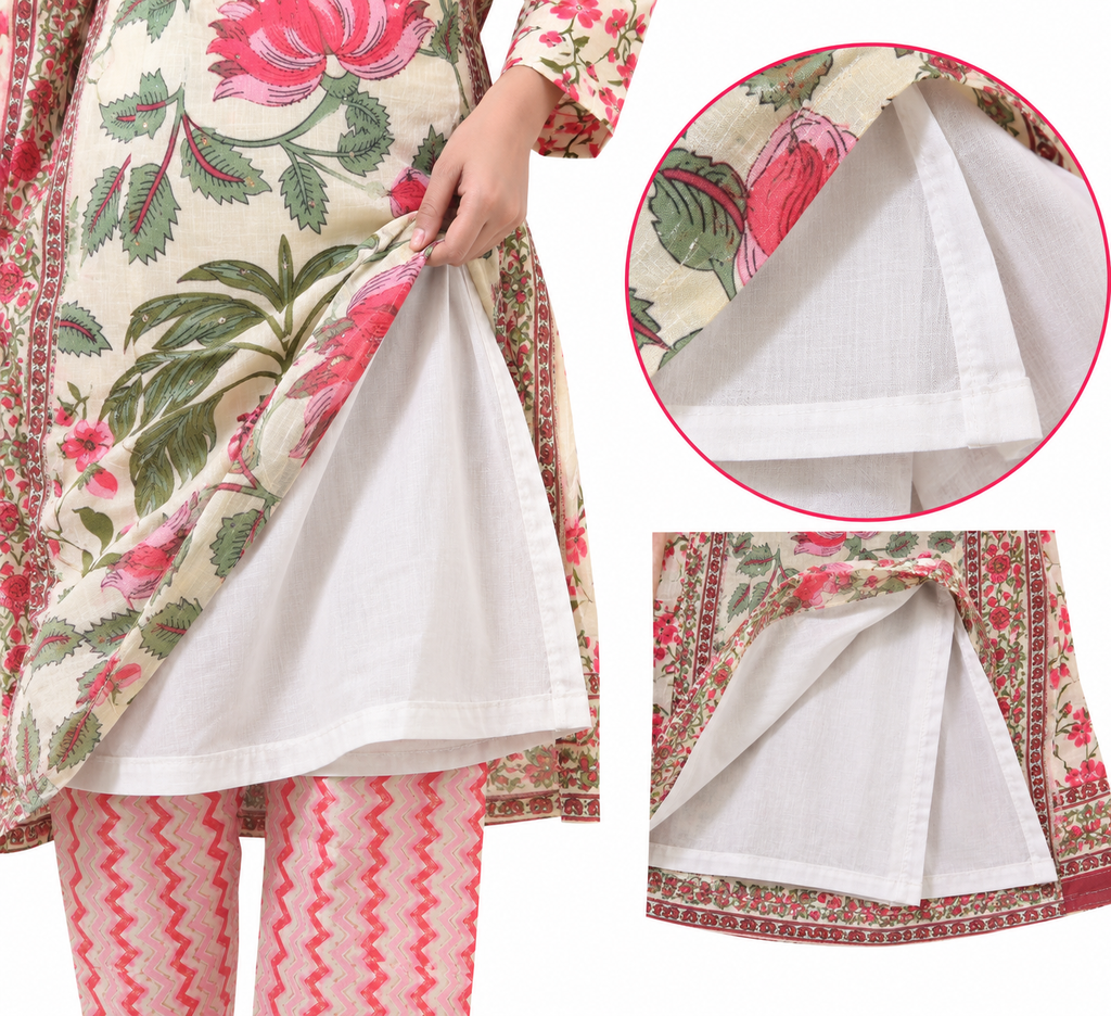 Elegant Floral Printed Kurti Set with Matching Pants and Dupatta
