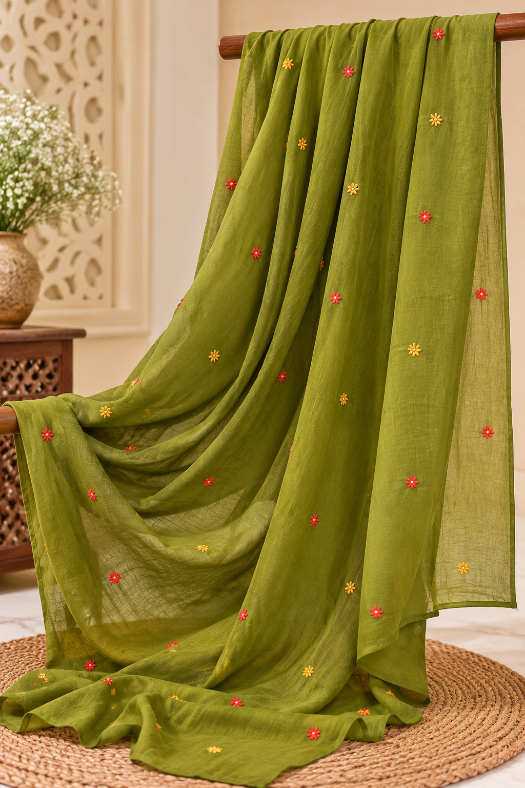 Women's Olive Green Embroidered Anarkali Kurta Set with Pants and Dupatta