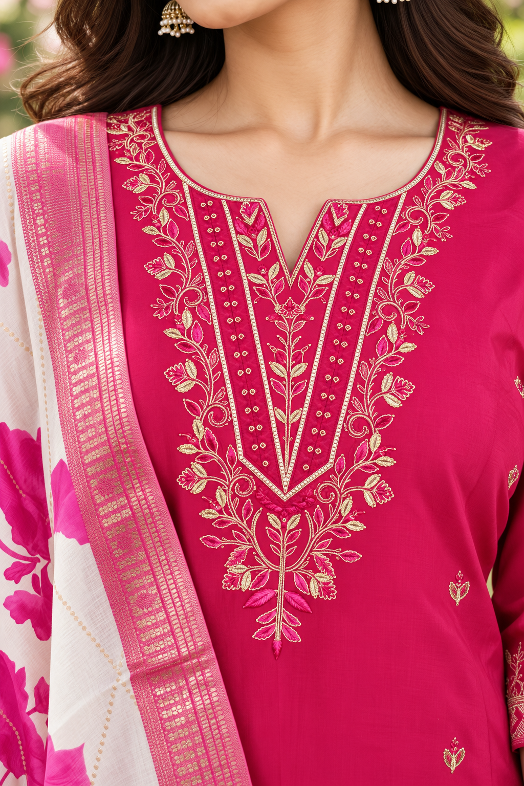 Women's Rani Pink Embroidered Kurta Set with Floral Dupatta
