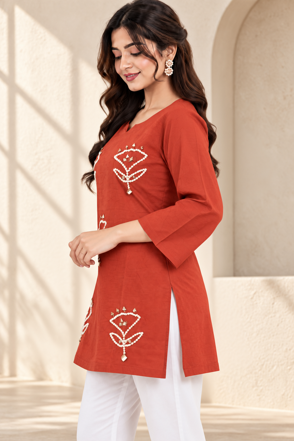 K-Glow Closet Women's Red Embroidered Short Kurti with 3/4 Sleeves, Elegant Ethnic Tunic Top