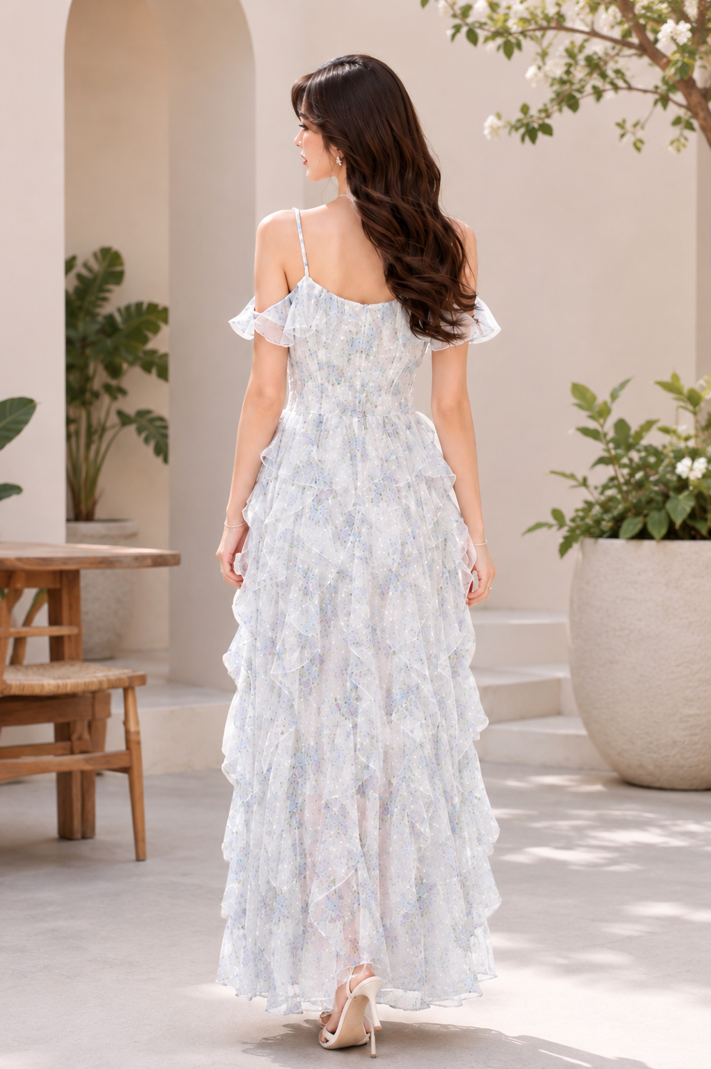 Women's White Tiered Ruffle Midi Dress | Puff Sleeve Square Neck Party & Casual Dress