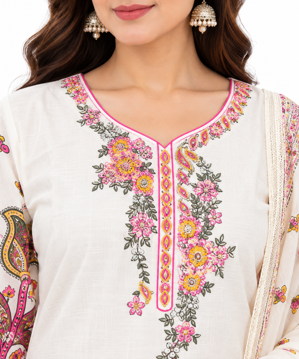 Women's Floral Printed Kurta Set with Matching Pants and Dupatta, 3-Piece Indian Ethnic Traditional Outfit