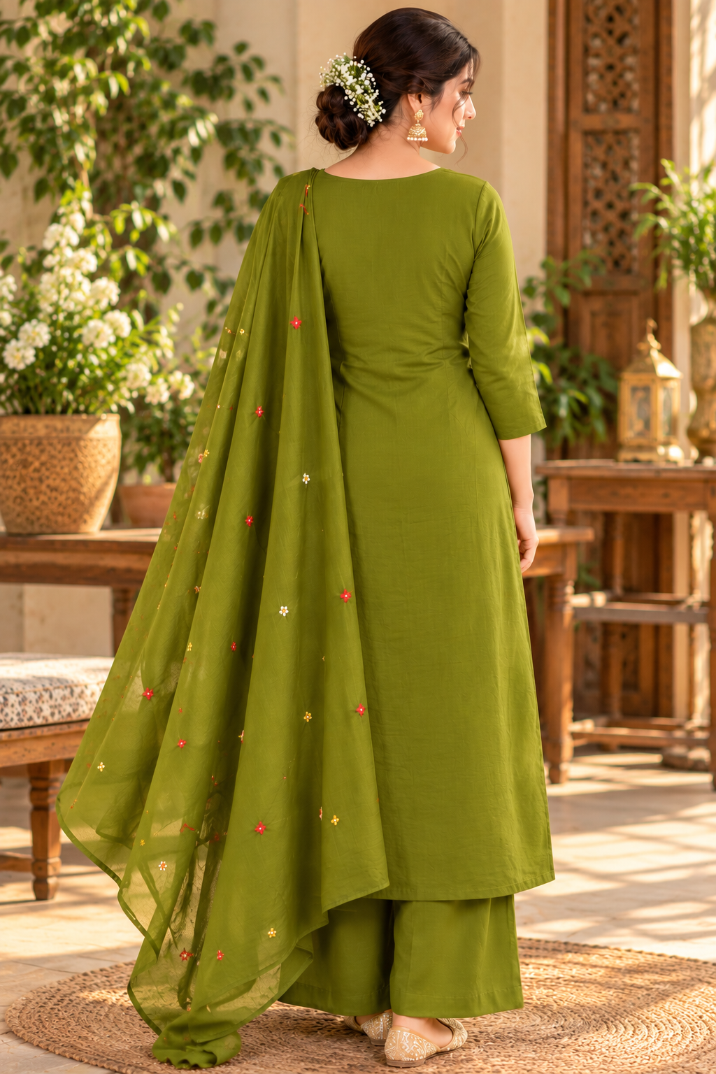 Women's Olive Green Embroidered Anarkali Kurta Set with Pants and Dupatta