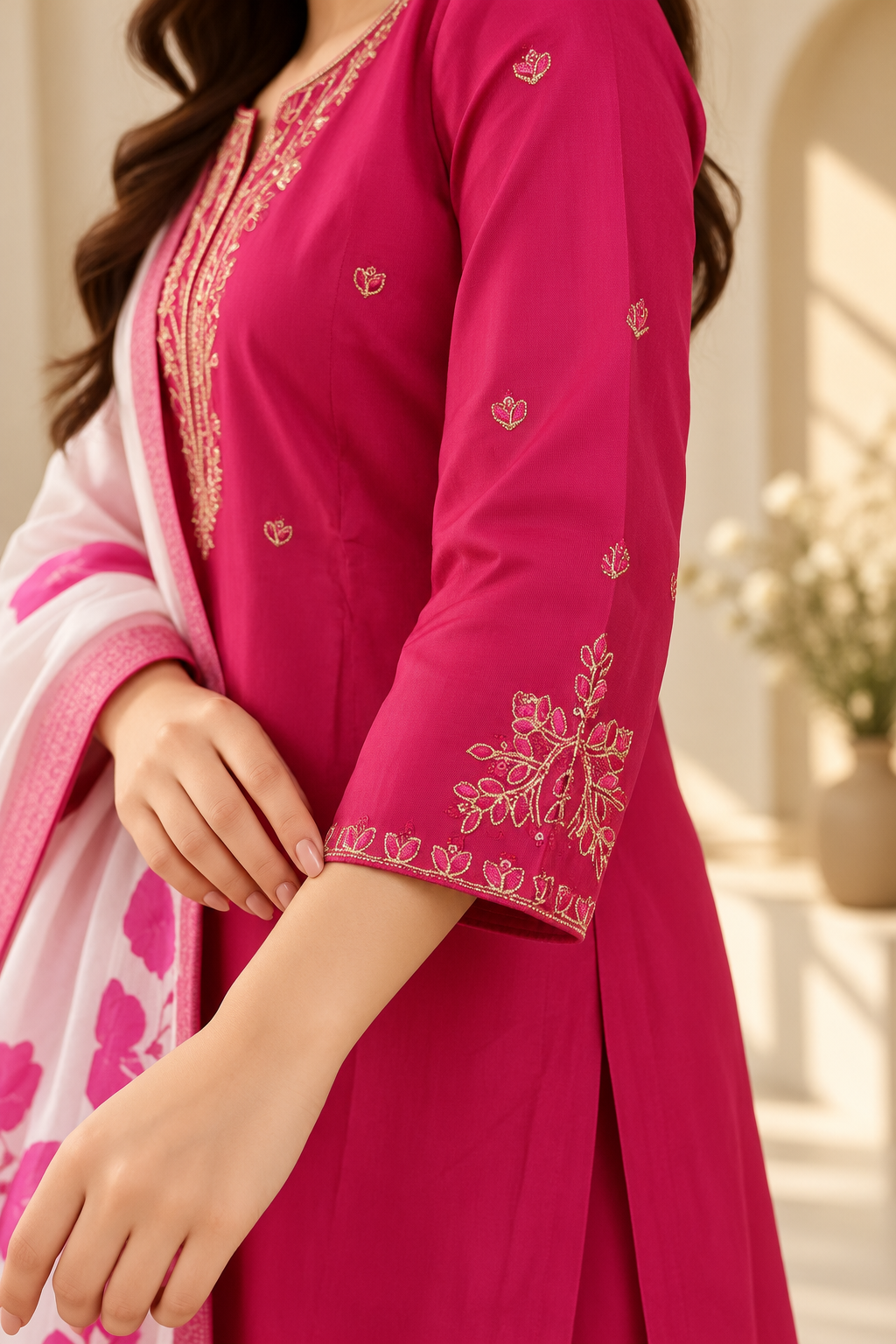 Women's Rani Pink Embroidered Kurta Set with Floral Dupatta