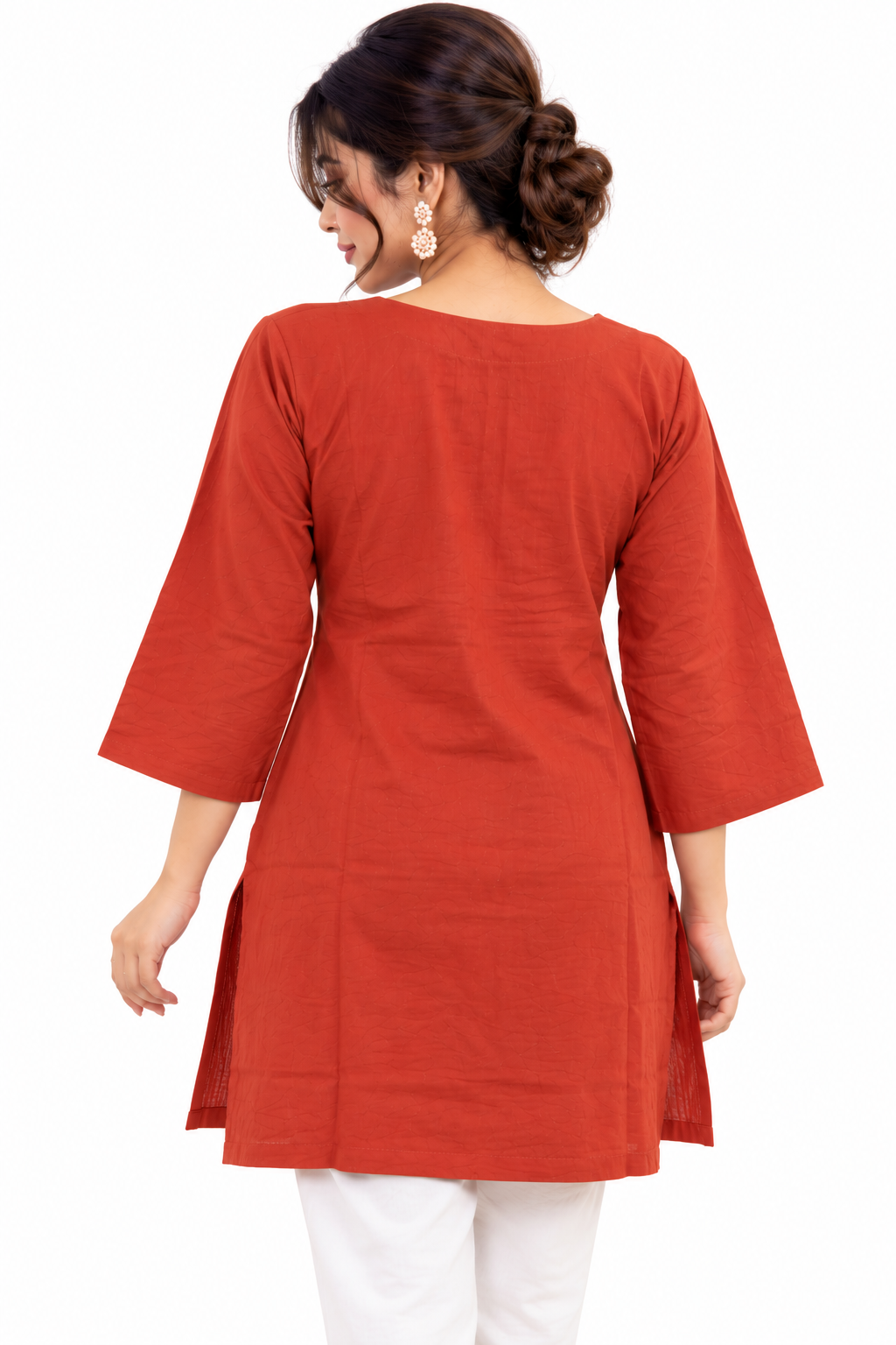 K-Glow Closet Women's Red Embroidered Short Kurti with 3/4 Sleeves, Elegant Ethnic Tunic Top
