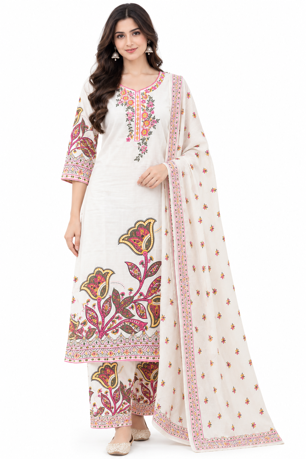Women's Floral Printed Kurta Set with Matching Pants and Dupatta, 3-Piece Indian Ethnic Traditional Outfit