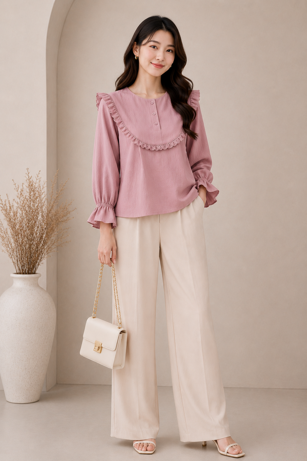 Women’s White Ruffle Lace Yoke Long Sleeve Blouse Top