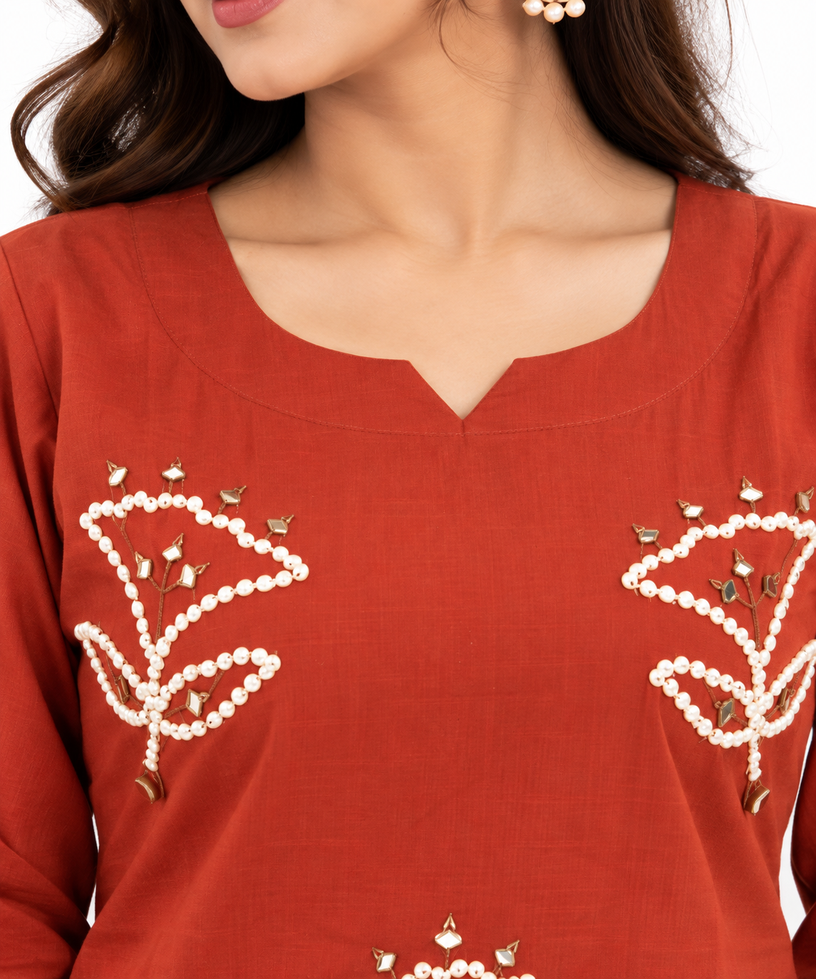 K-Glow Closet Women's Red Embroidered Short Kurti with 3/4 Sleeves, Elegant Ethnic Tunic Top