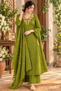 Women's Olive Green Embroidered Anarkali Kurta Set with Pants and Dupatta