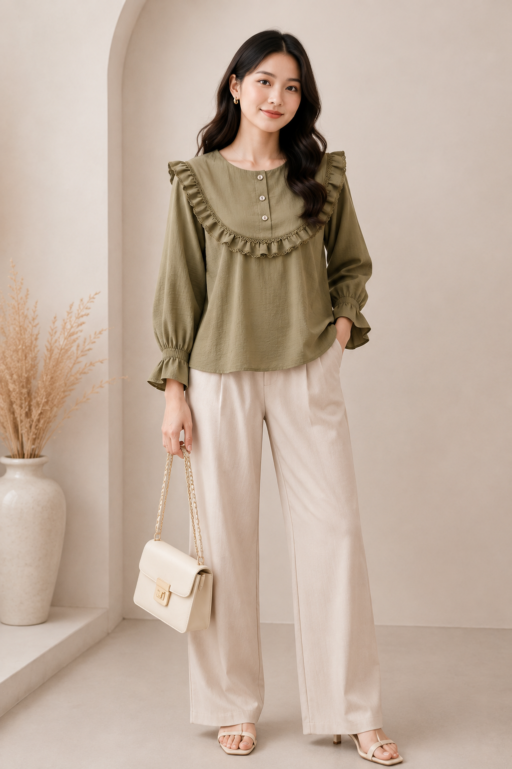 Women’s White Ruffle Lace Yoke Long Sleeve Blouse Top