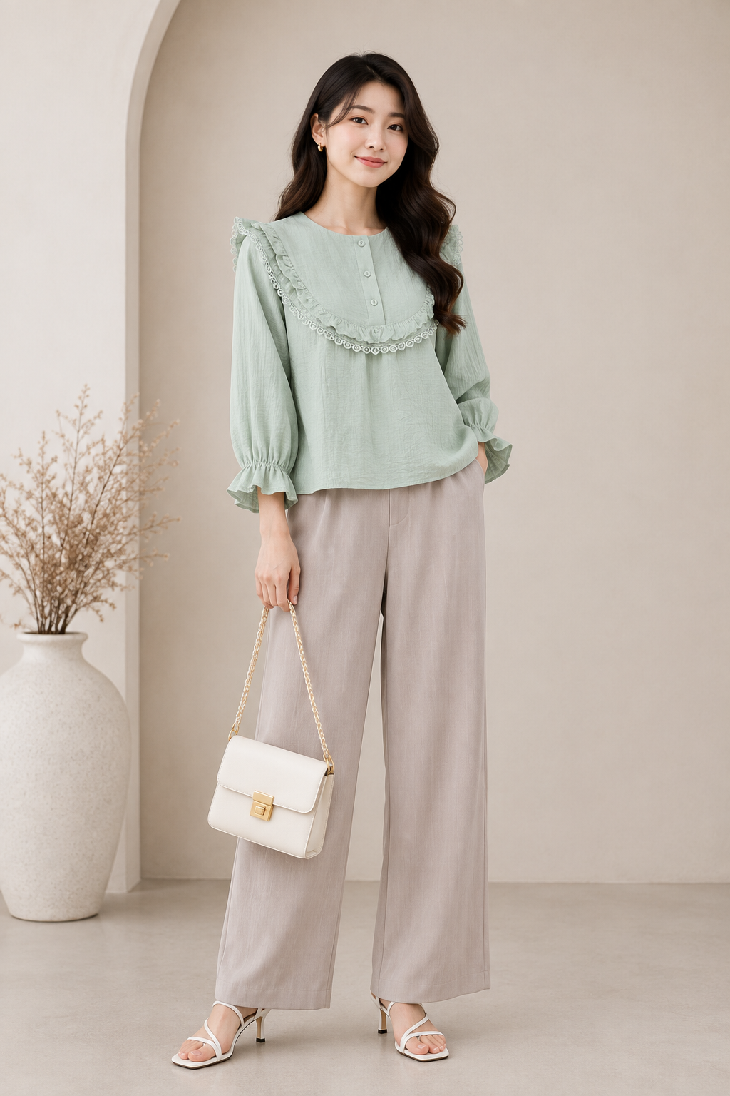 Women’s White Ruffle Lace Yoke Long Sleeve Blouse Top