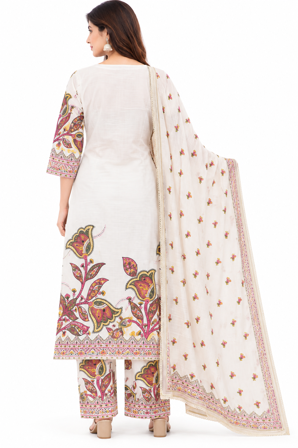 Women's Floral Printed Kurta Set with Matching Pants and Dupatta, 3-Piece Indian Ethnic Traditional Outfit