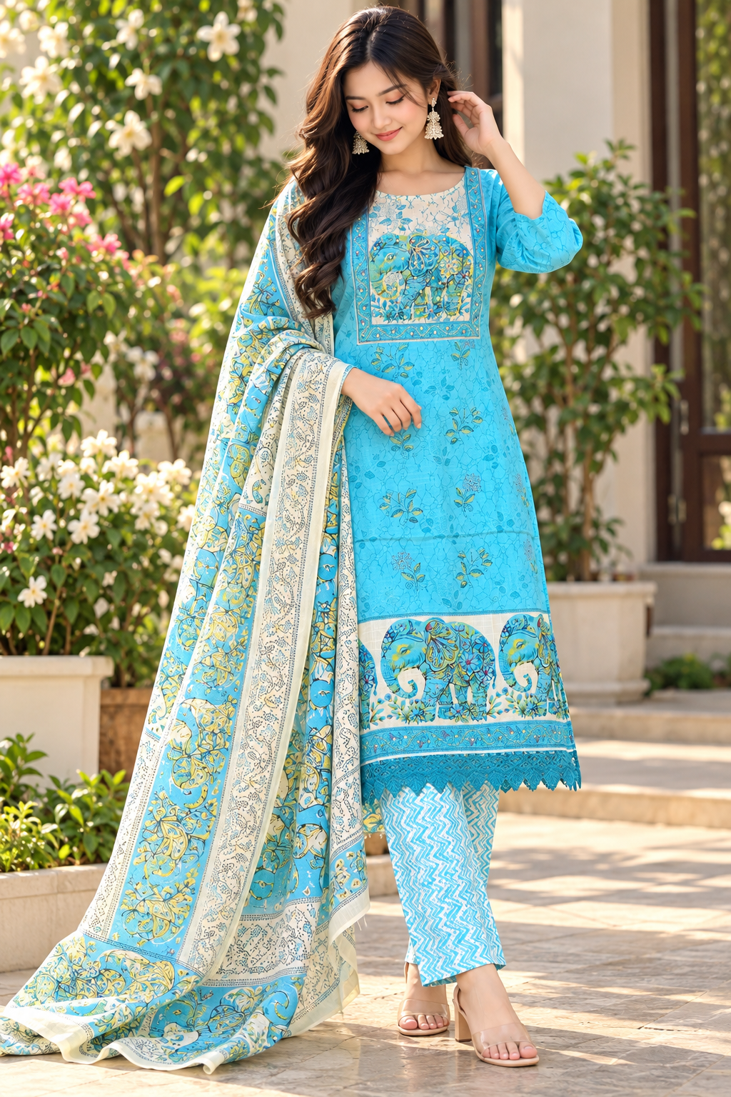 Turquoise Blue Ethnic Printed Kurta Pant Dupatta Set for Women