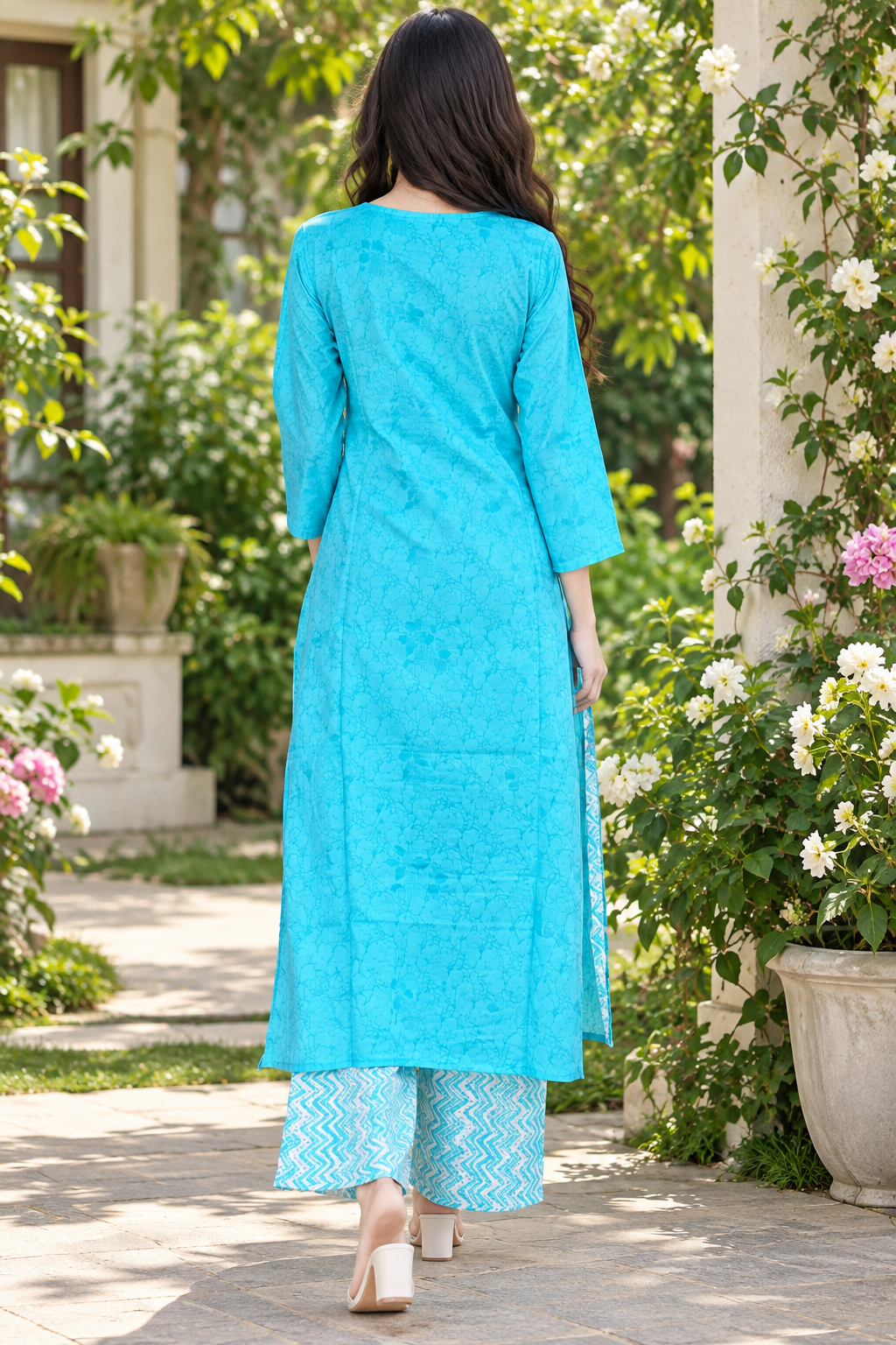 Turquoise Blue Ethnic Printed Kurta Pant Dupatta Set for Women