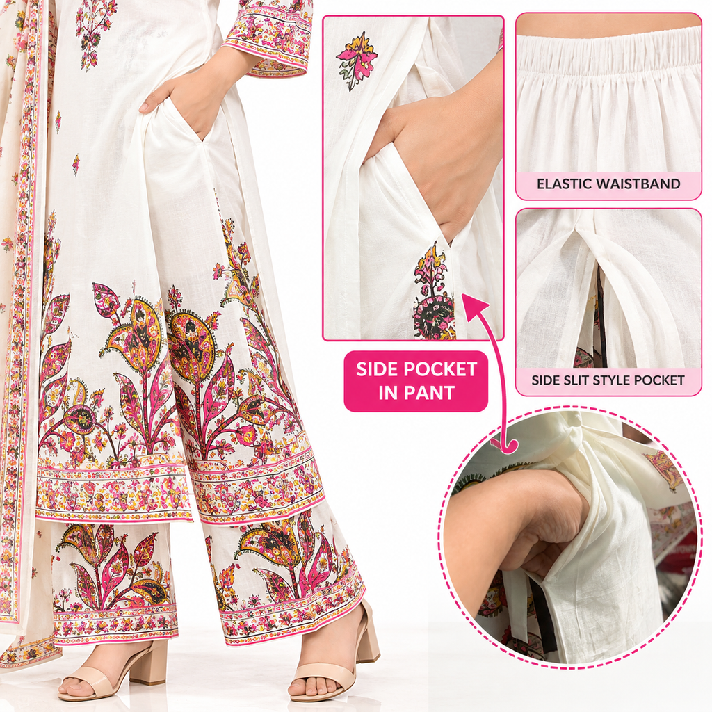 Women's Floral Printed Kurta Set with Matching Pants and Dupatta, 3-Piece Indian Ethnic Traditional Outfit