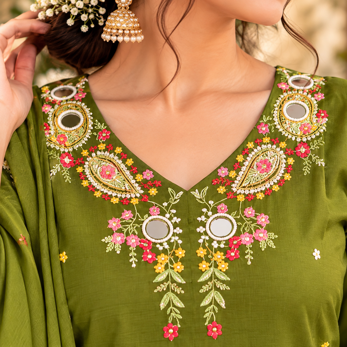 Women's Olive Green Embroidered Anarkali Kurta Set with Pants and Dupatta