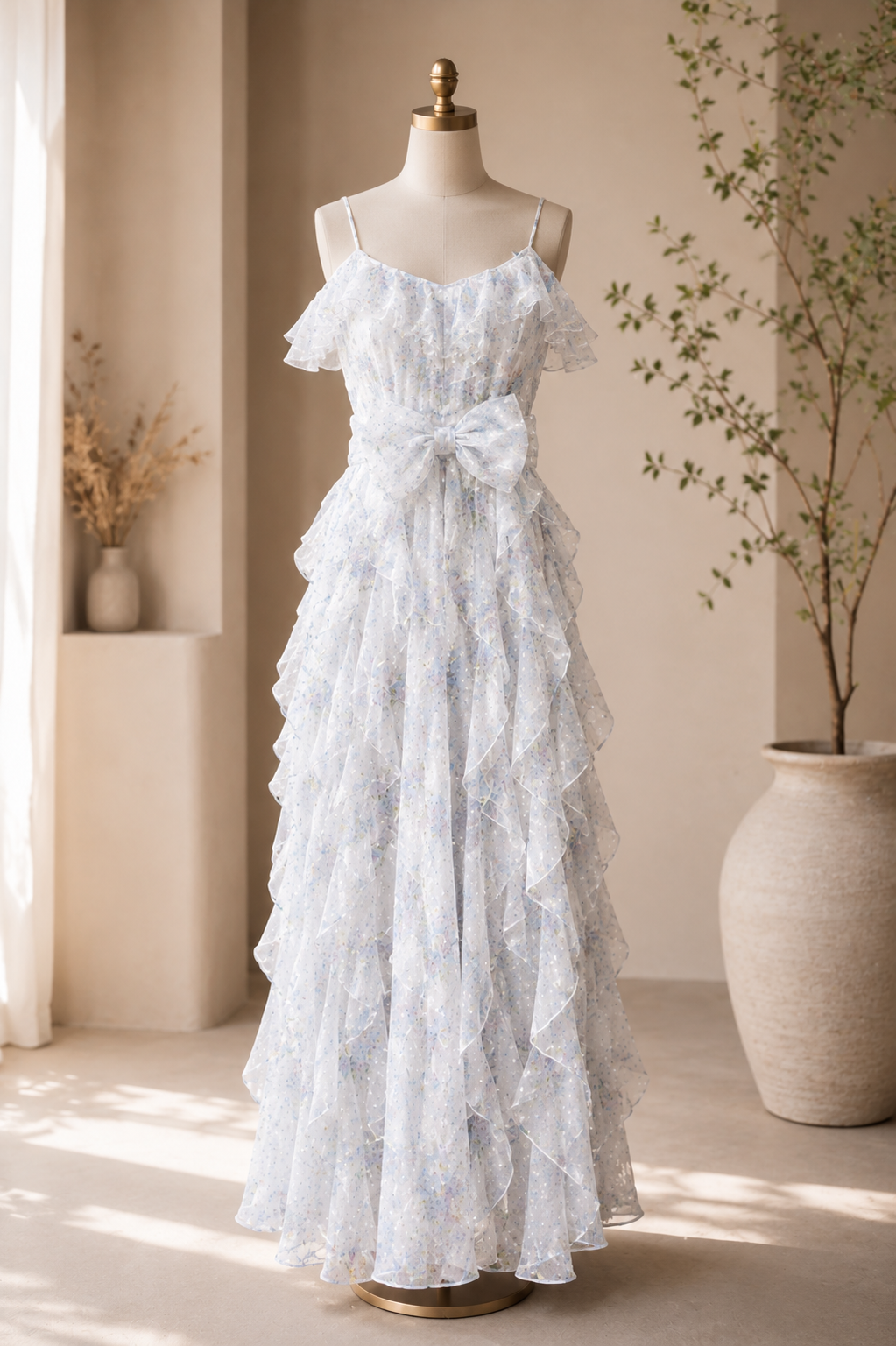 Women's White Tiered Ruffle Midi Dress | Puff Sleeve Square Neck Party & Casual Dress
