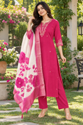 Women's Rani Pink Embroidered Kurta Set with Floral Dupatta