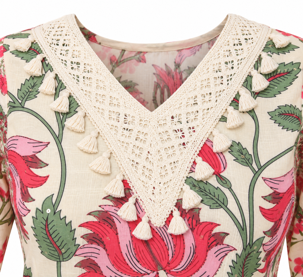 Elegant Floral Printed Kurti Set with Matching Pants and Dupatta
