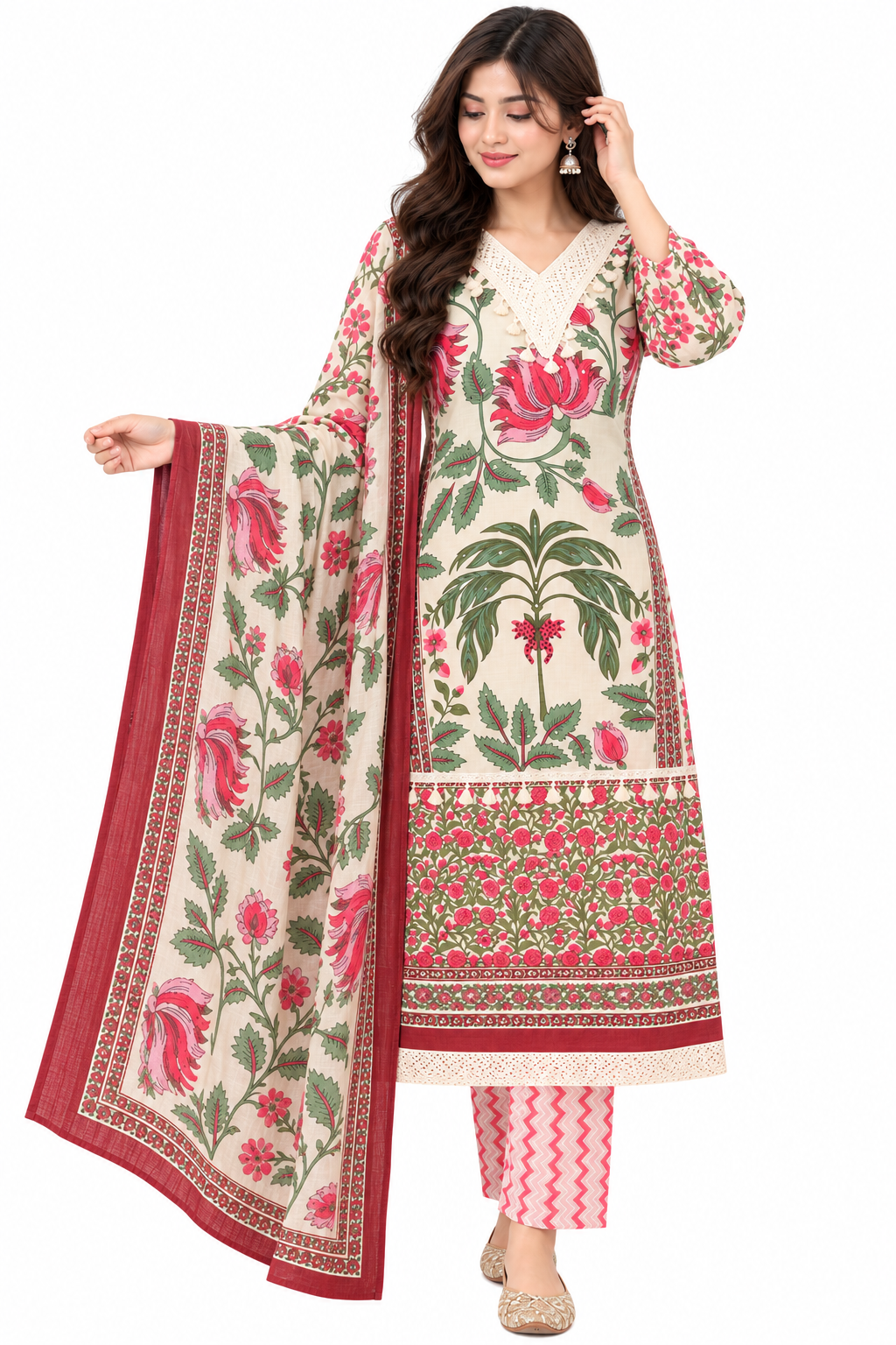 Elegant Floral Printed Kurti Set with Matching Pants and Dupatta