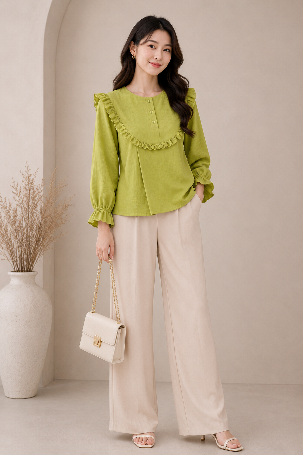 Women’s White Ruffle Lace Yoke Long Sleeve Blouse Top