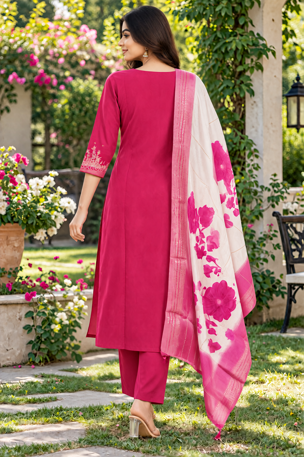 Women's Rani Pink Embroidered Kurta Set with Floral Dupatta