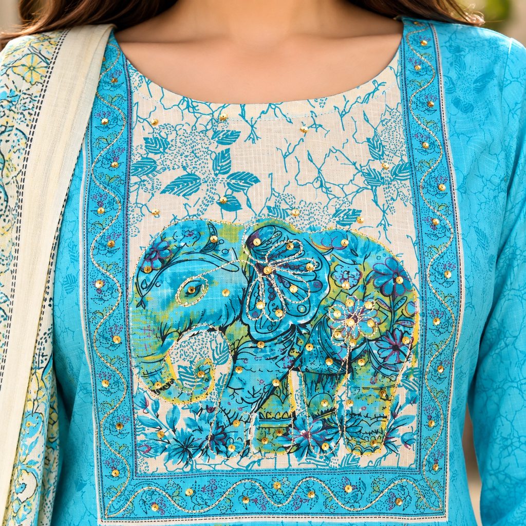 Turquoise Blue Ethnic Printed Kurta Pant Dupatta Set for Women