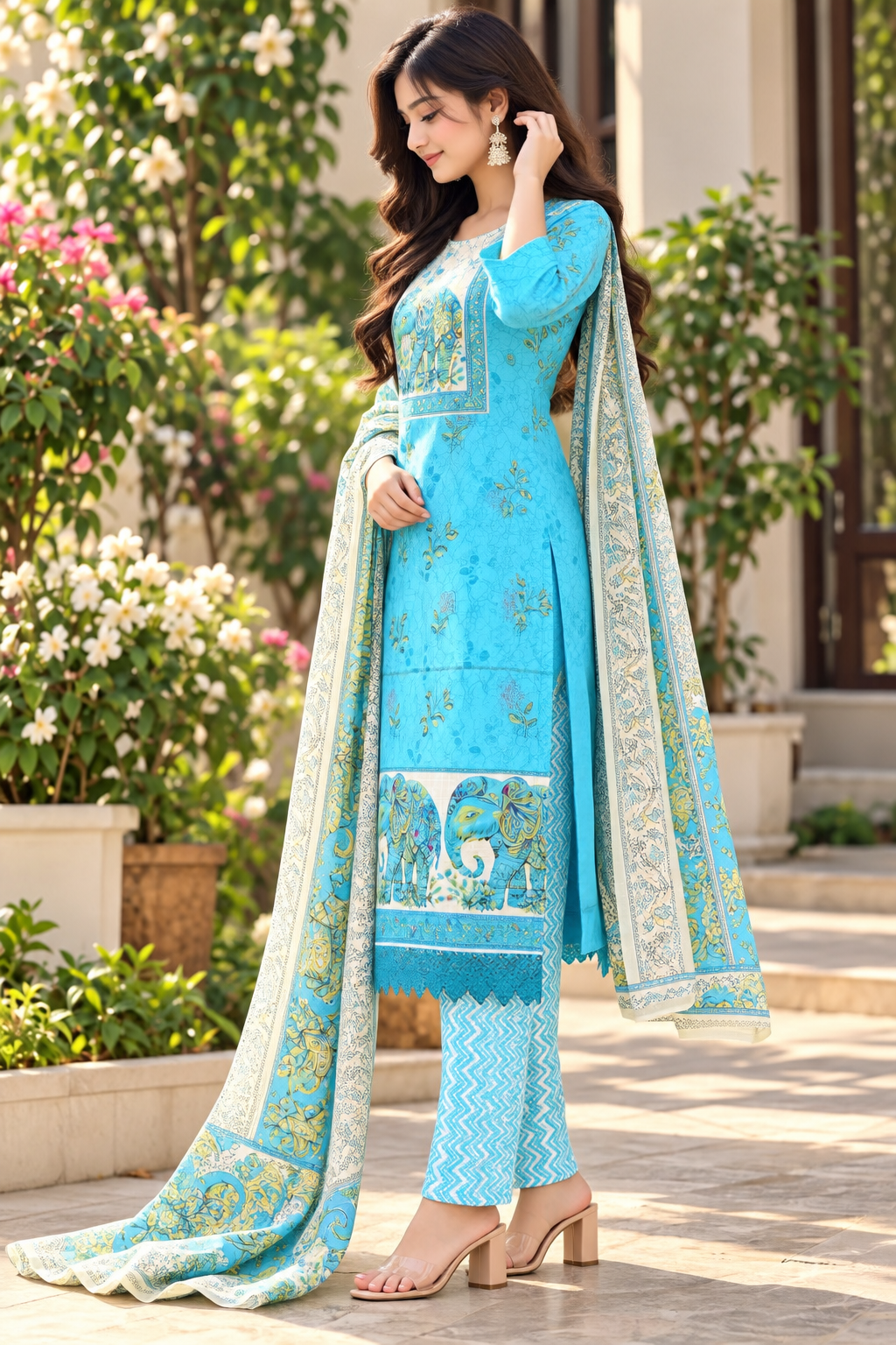 Turquoise Blue Ethnic Printed Kurta Pant Dupatta Set for Women